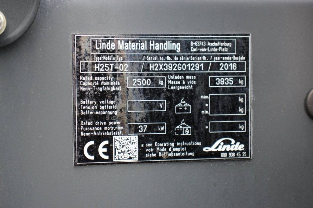 Forklift Linde H25T-02 LPG 2500kg 5.51m 2016