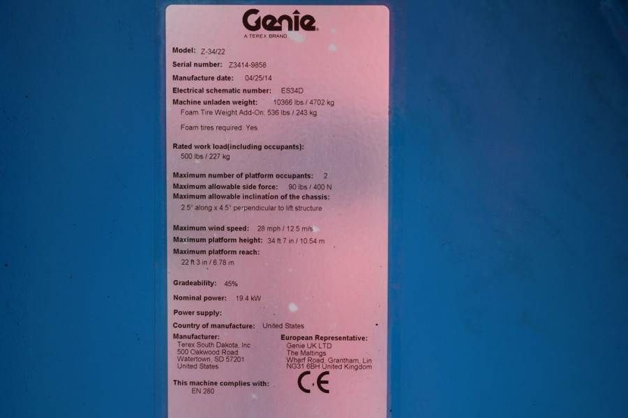Genie Z34/22 Diesel, 4x4 Drive, 12.6m Working Height, 6.