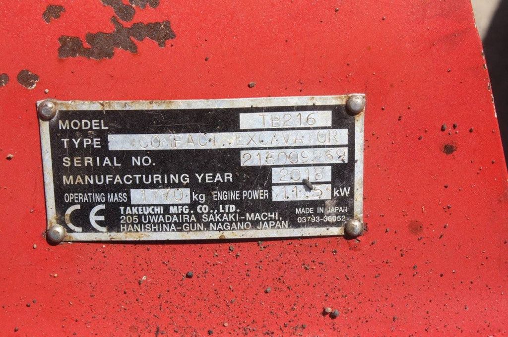 Minigraver Takeuchi TB216 Diesel 2018
