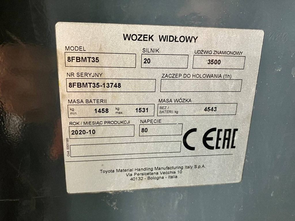 Toyota 8FBMT35 Electric Forklift 3500kg 4.0m 2020