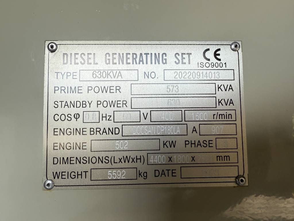 Doosan DP180LA - 630 kVA Surplus genset - DPX-19856