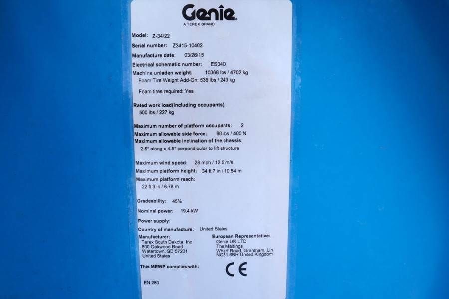 Genie Z34/22 Diesel, 4x4 Drive, 12.6m Working Height, 6.