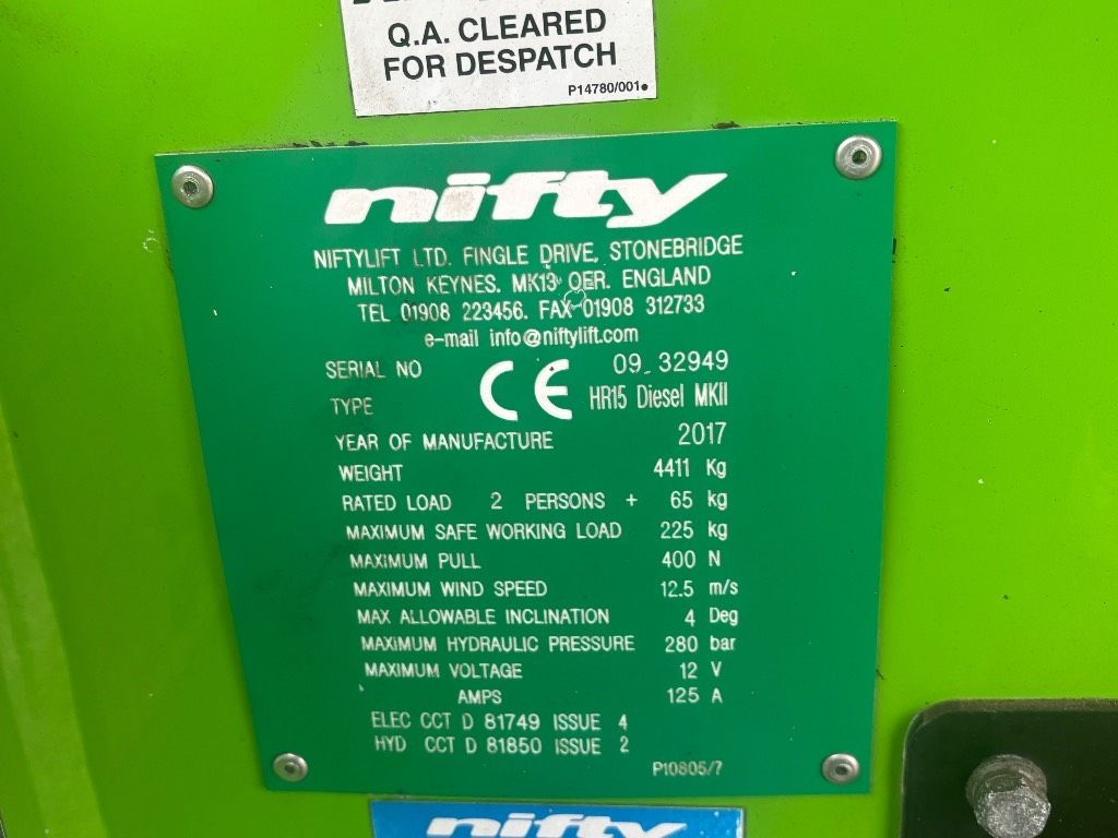 Niftylift Hr15 knikarmhoogwerker 15m nifty telescoop 4x4