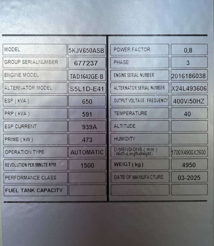 Volvo TAD1642GE - 650 kVA Generator - DPX-18884