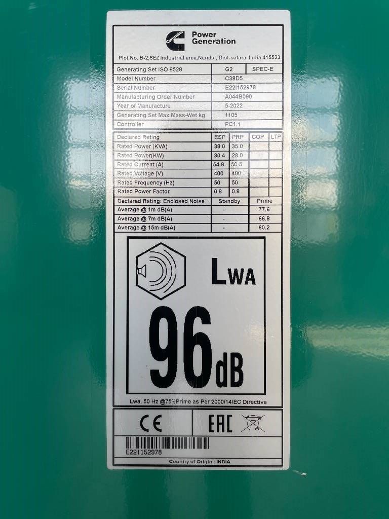 Cummins C38D5 - 38 kVA Surplus genset - DPX-18504