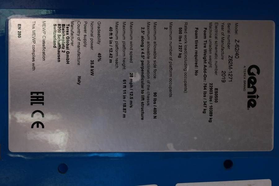 Genie Z62/40 Diesel, 4x4 Drive, 20.9 m Working Height, 1