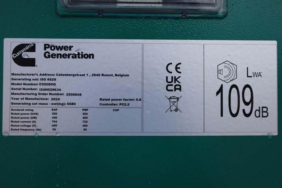 Cummins C550D5Q Declaration of Conformity, Diesel, 550kVA,