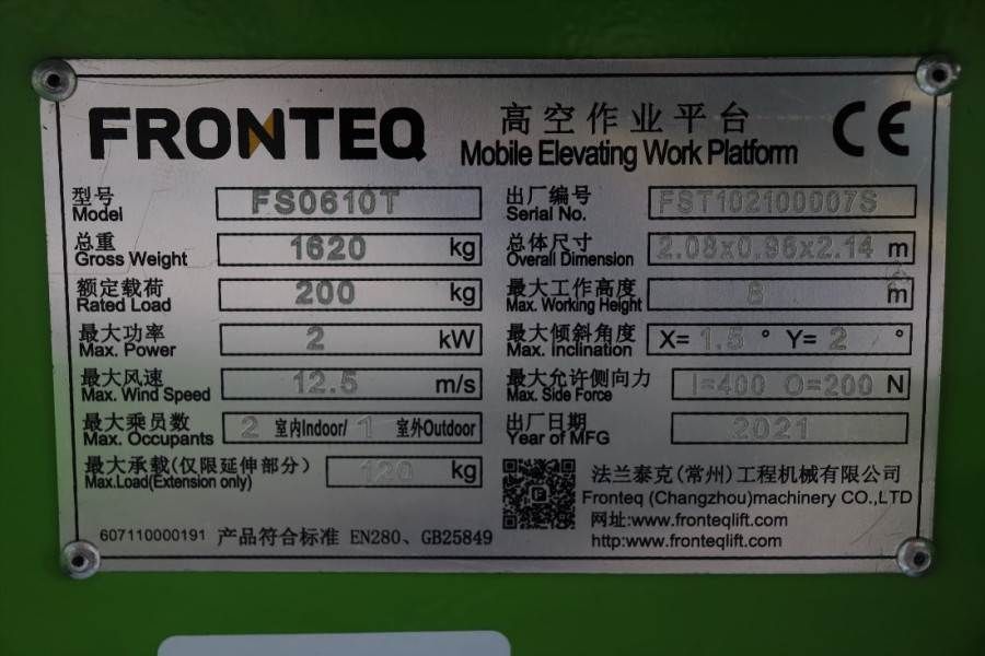 Fronteq FS0610T CE Declaration, 6.7m Working Heigh