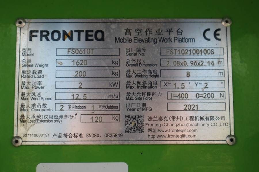 Fronteq FS0610T CE Declaration, 6.7m Working Heigh