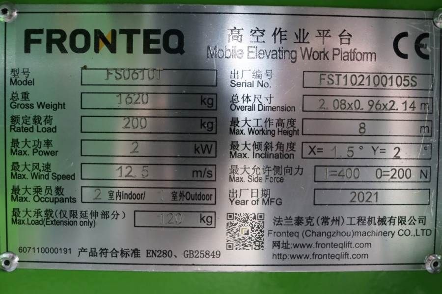 Fronteq FS0610T CE Declaration, 6.7m Working Heigh