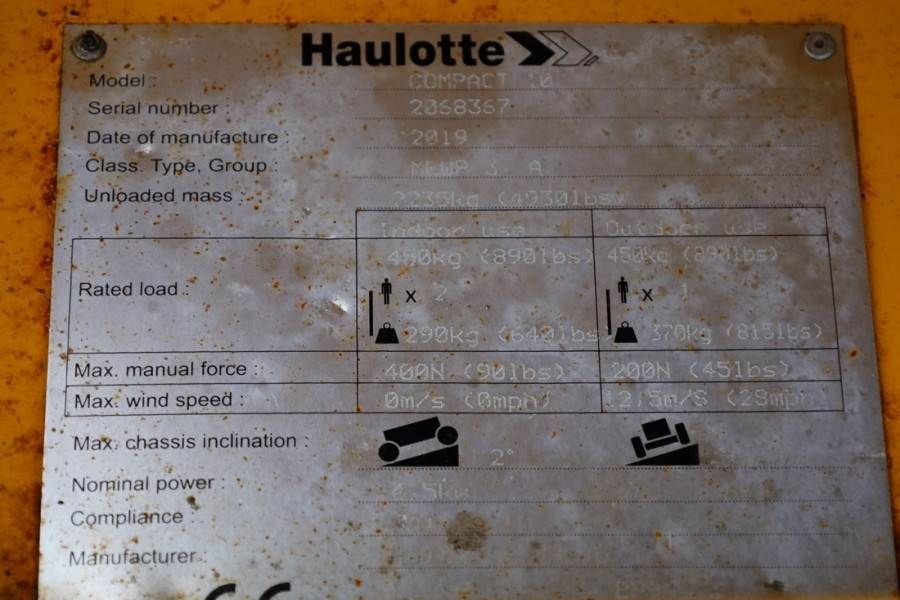 Haulotte Compact 10 Electric, 10.2m Working Height, 450kg C