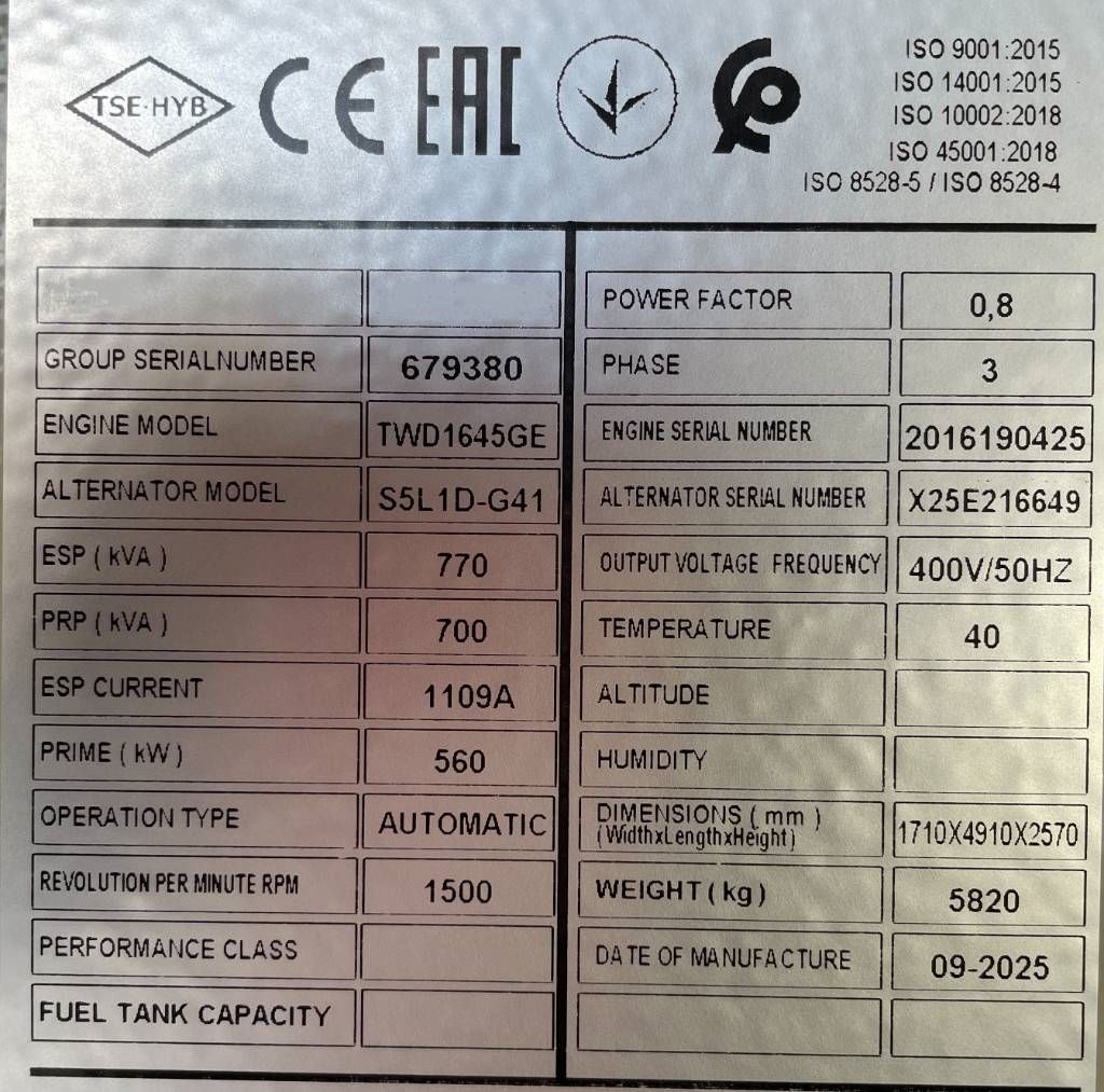 Volvo TWD1645GE - 770 kVA Generator - DPX-18885
