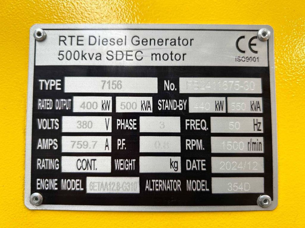 Generator RTE 7156 Diesel 2024 500kVA Neu