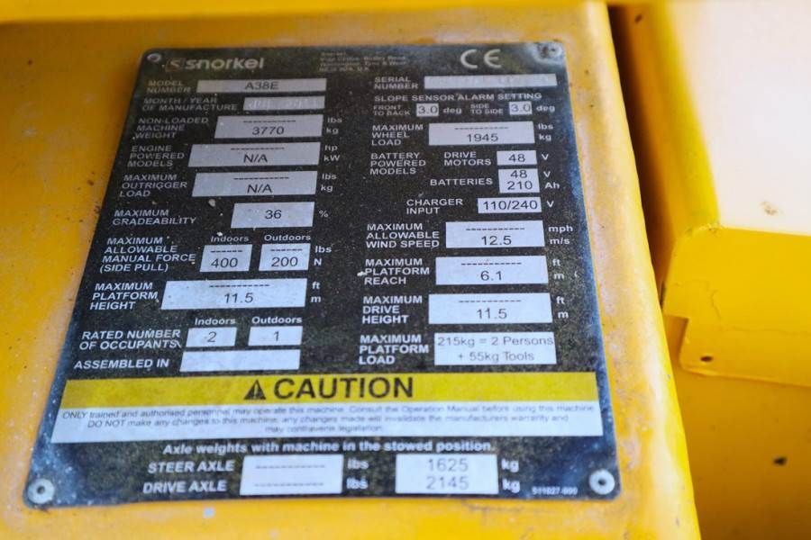 Snorkel A38E Electric, 13.5m Working Height, 6.1m Reach, 2