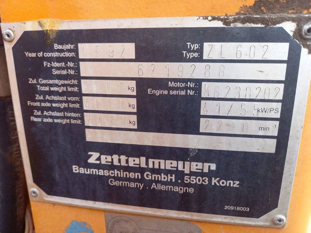 Wheel loader Zettelmeyer ZL602 Diesel 41kW 1992