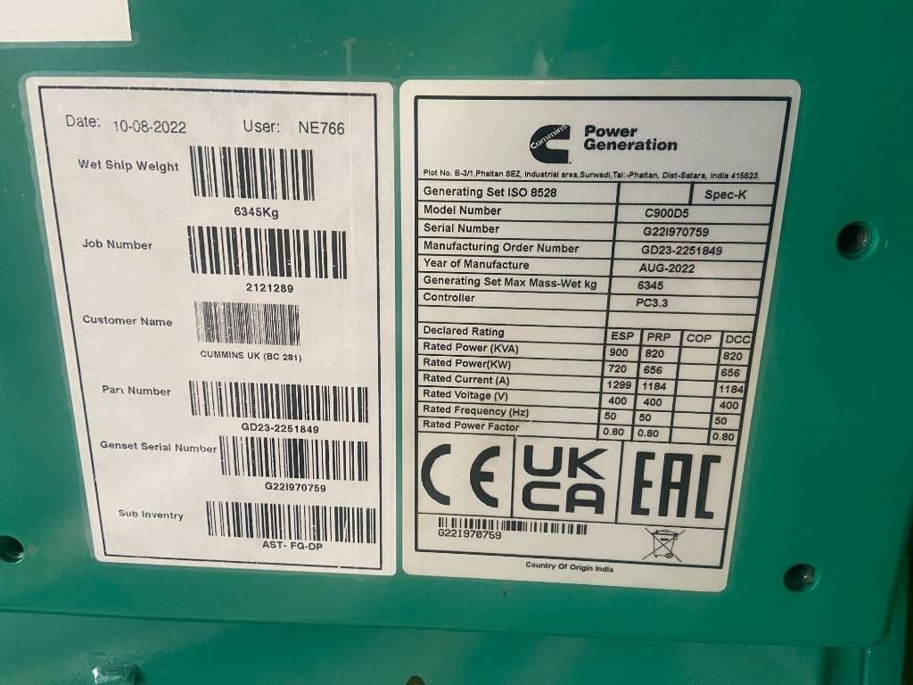 Cummins C900D5 - 900 kVA Open Genset - DPX-18527-O