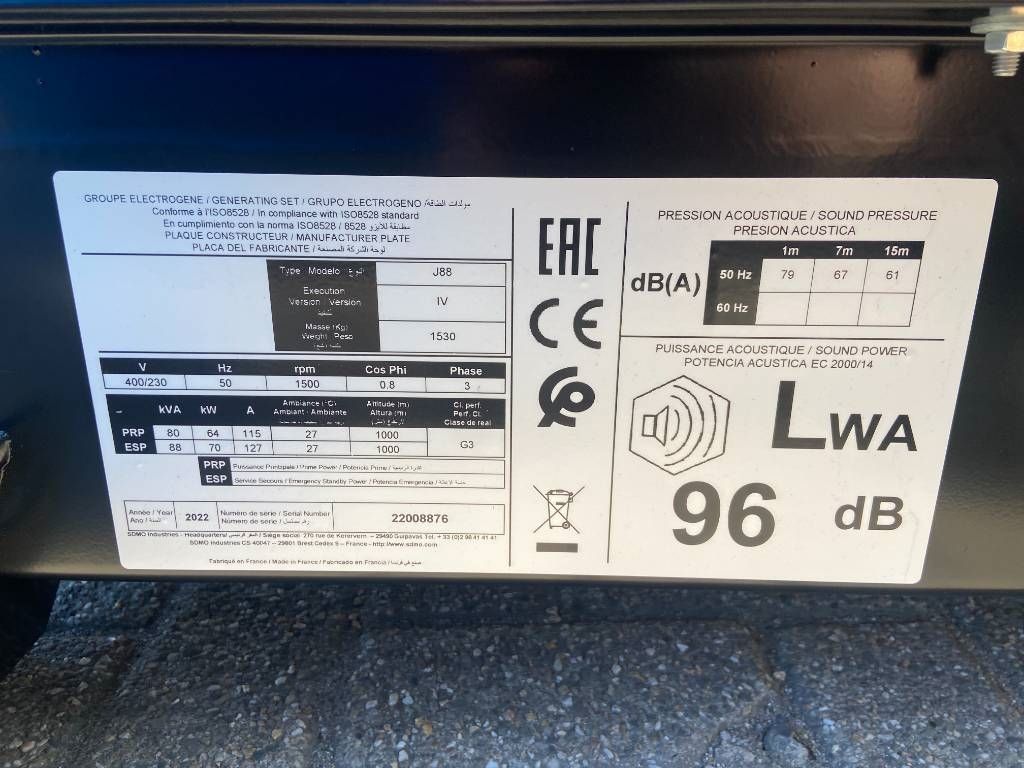 Sdmo J88 - 88 kVA Generator - DPX-17105