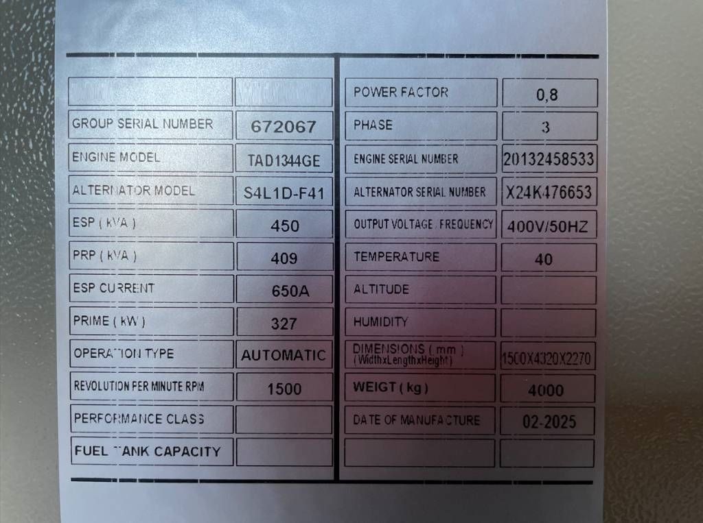 Volvo TAD1344GE - 450 kVA Generator - DPX-18880
