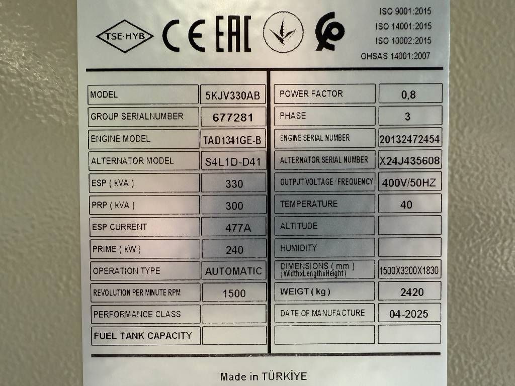Volvo TAD1341GE - 330 kVA Generator - DPX-18877-O