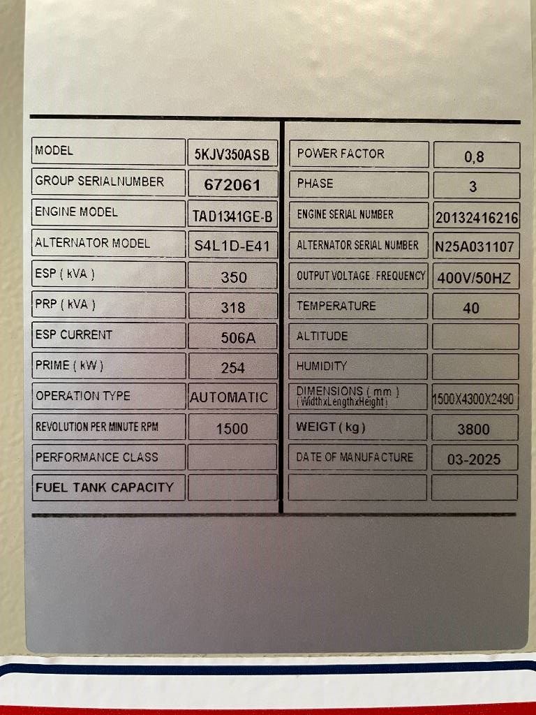 Volvo TAD1341GE - 350 kVA Generator - DPX-18878