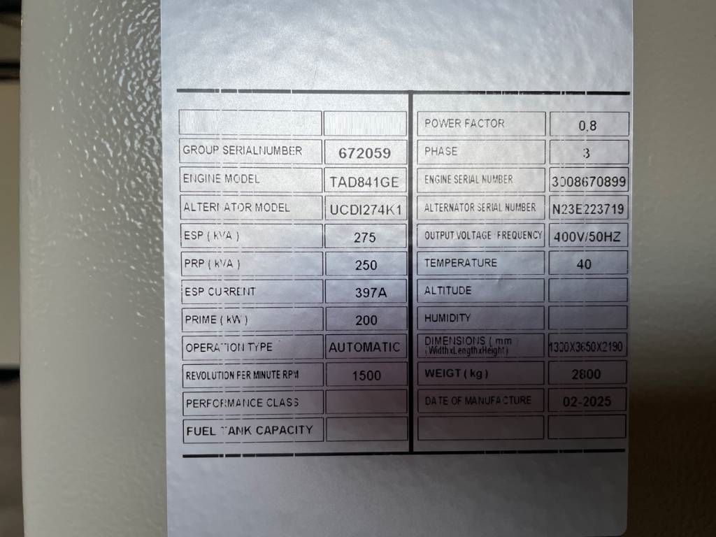 Volvo TAD841GE - 275 kVA Generator - DPX-18876