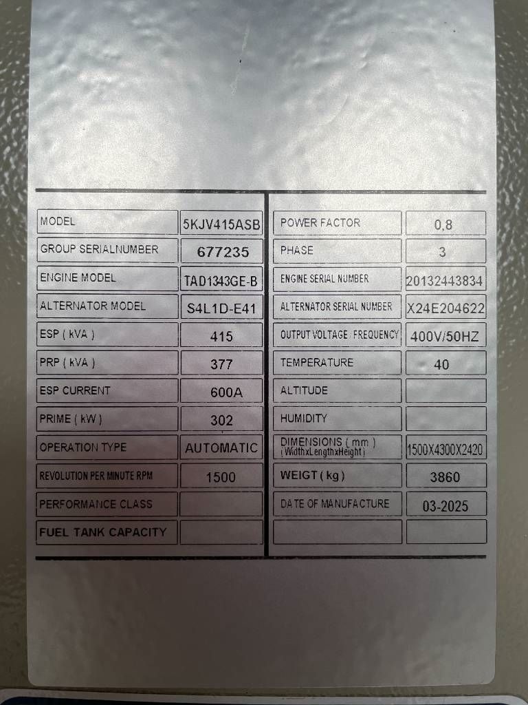 Volvo TAD1343GE-B - 415 kVA Generator - DPX-18879