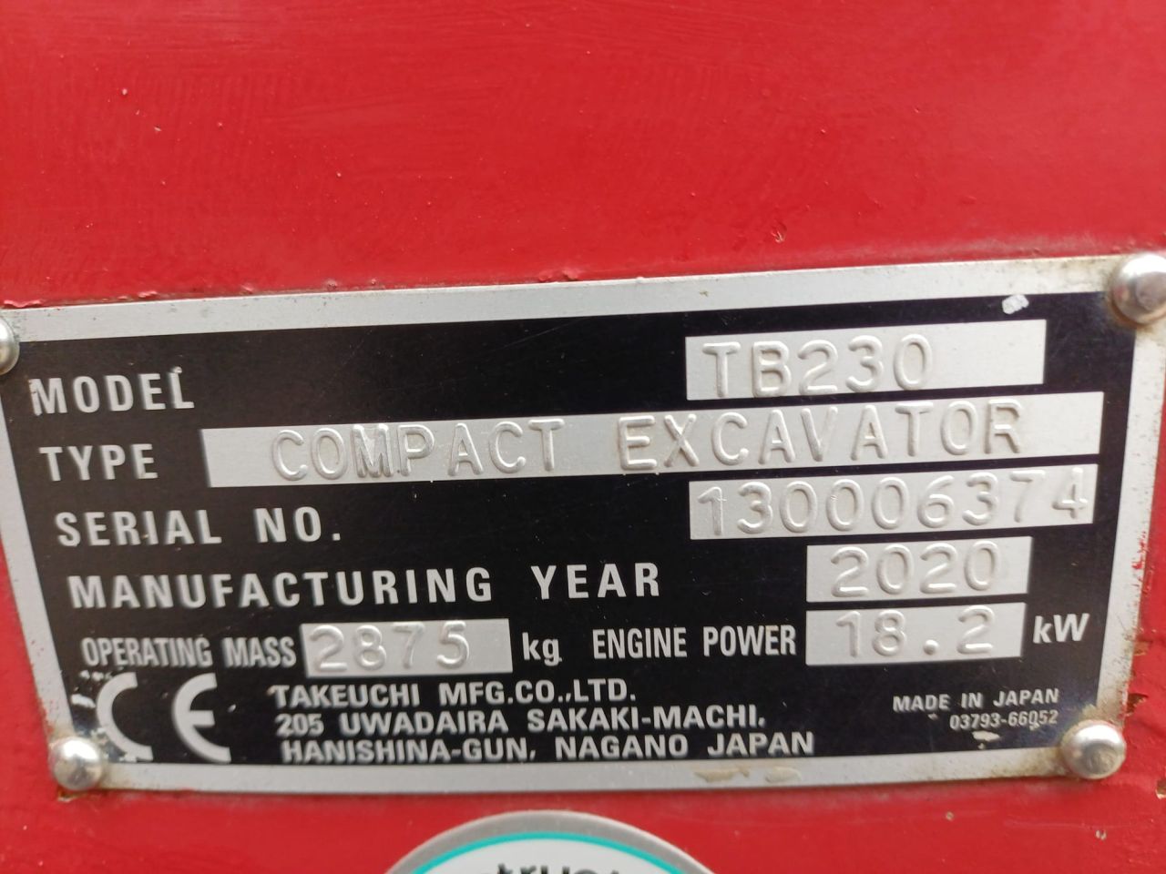 Takeuchi TB230 | bj 2020 | 5485uur | Kantelstuk CW05