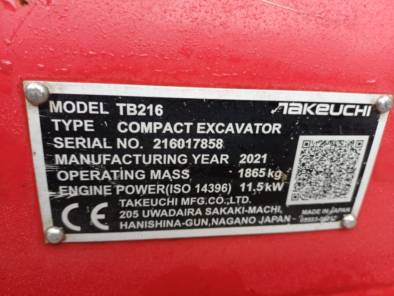 Takeuchi TB216 | bj2021 | 1595 uur