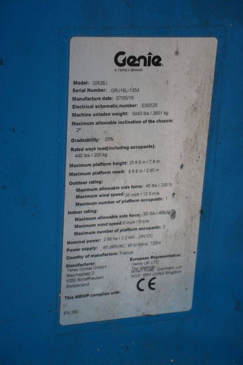 Genie GR26J Electric Mast Lift 9.9m 2016