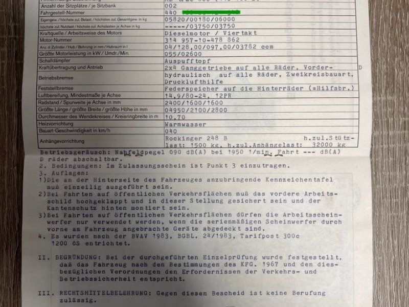 Mercedes-Benz MB Trac 800 Forst , Österreich Typenschein