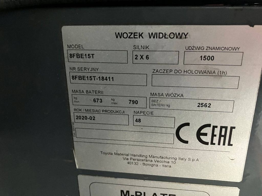 Heftruck Toyota 8FBE15T Elektrisch 1500kg 5.0m 2020