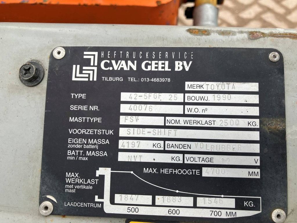 Heftruck Toyota 42-5FGF 25 LPG 2500kg 4.7m 1990