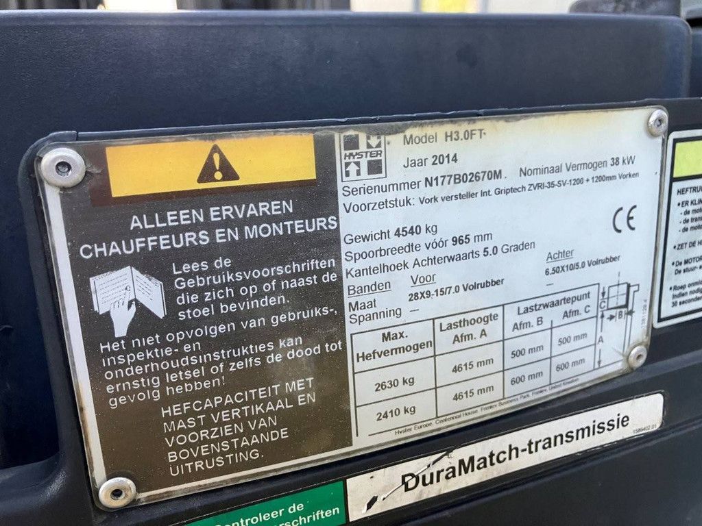 Forklift Hyster H3.0FT LPG 2630kg 4.61m 2014