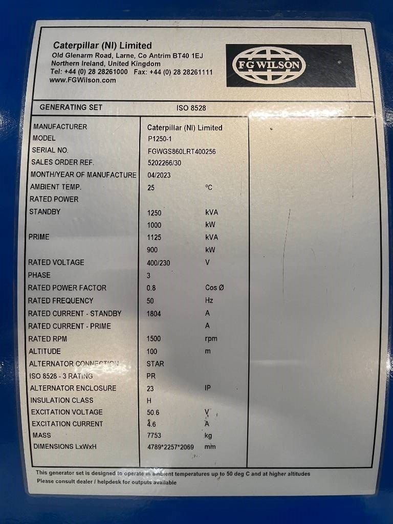 FG Wilson P1250-1 - 1250 kVA Surplus Genset - DPX-25089
