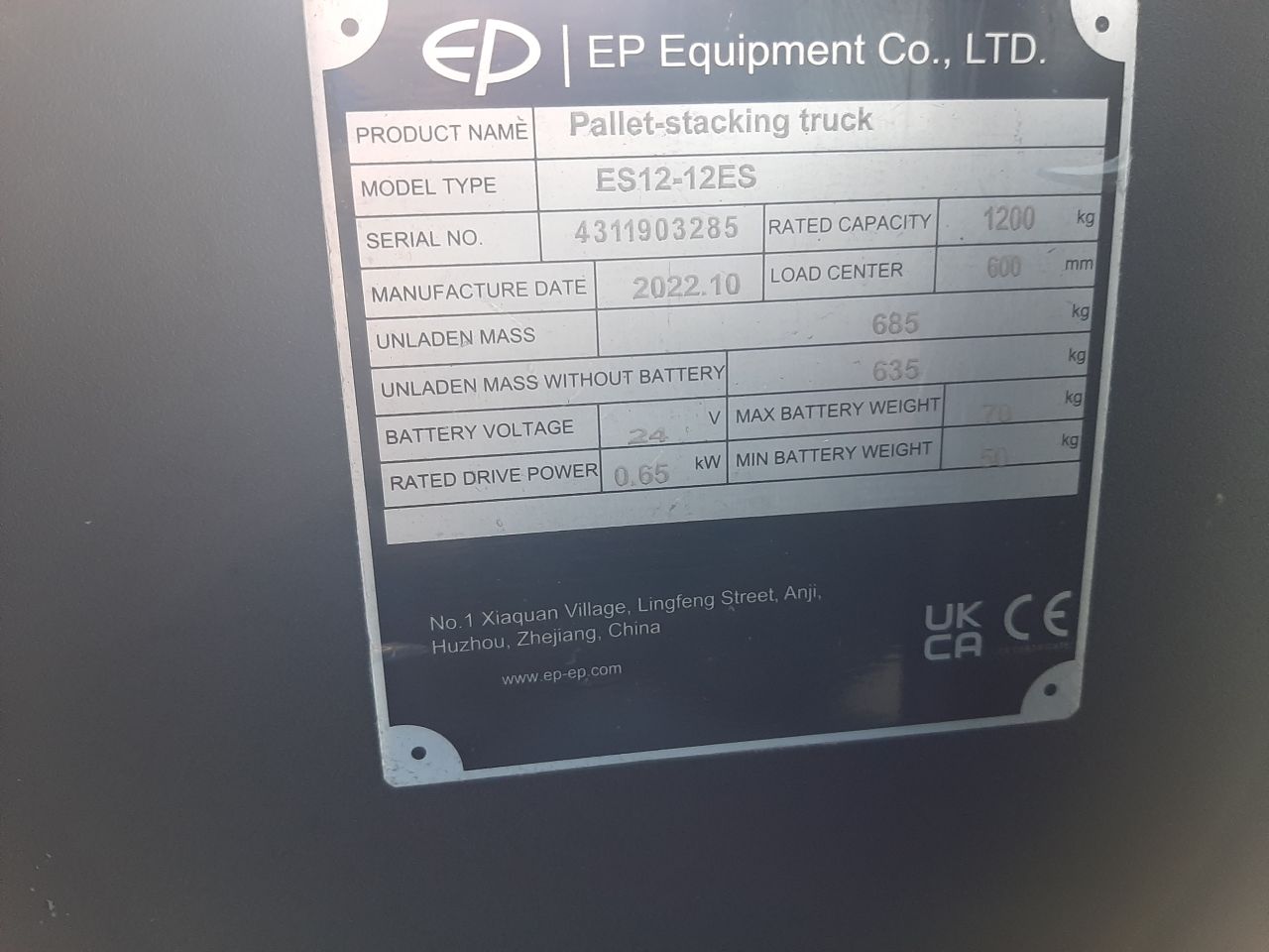 Ep ES12-12ES elektrische stapelaar 1200 kg 3600 mm demo