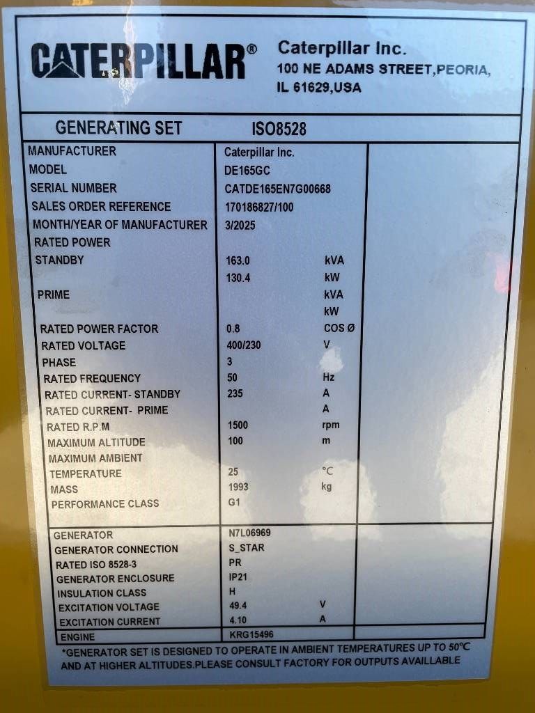 CAT DE165GC - 165 kVA Stand-by Generator - DPX-18210