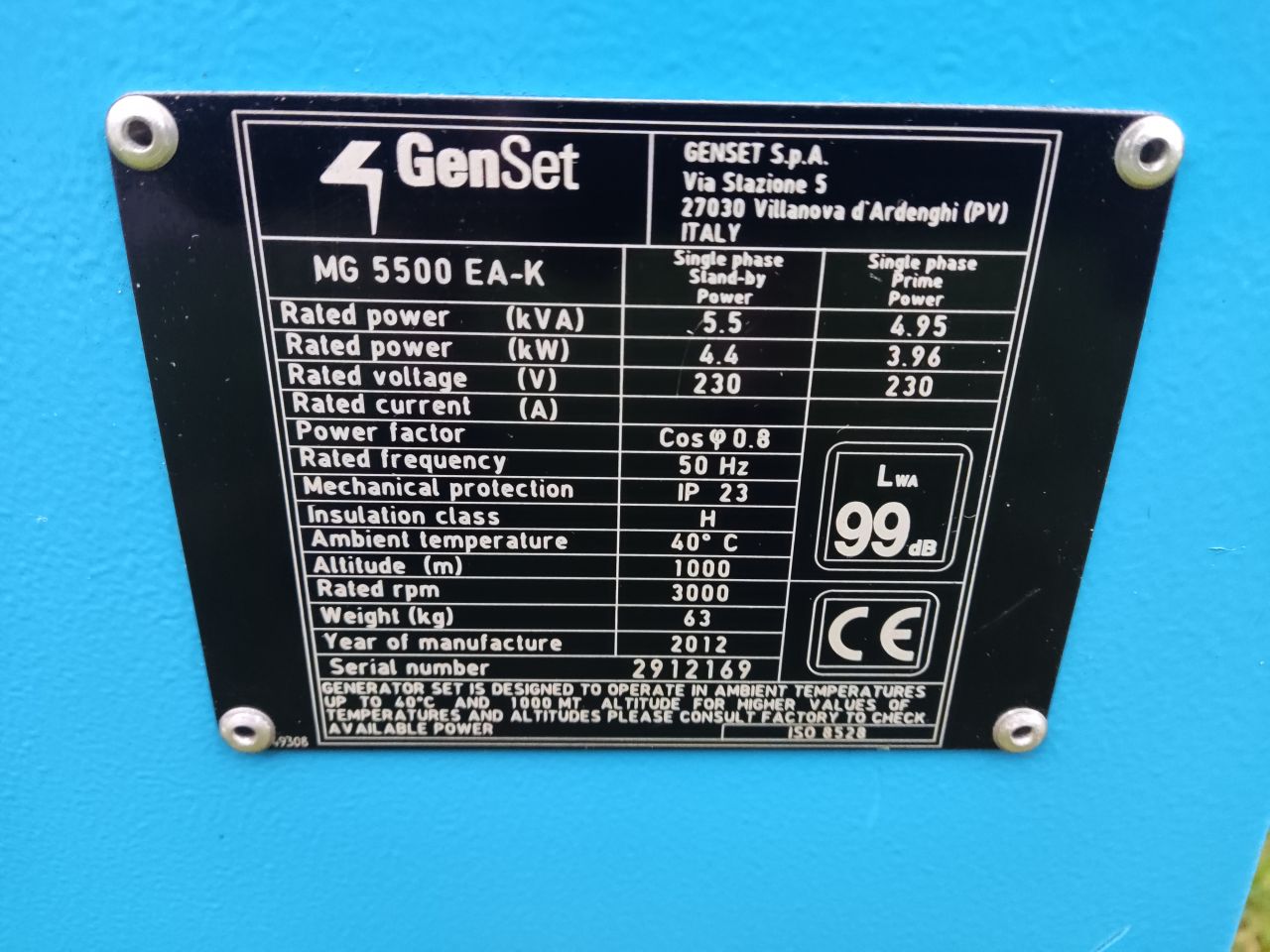 GENSET aggregaat (type MG5500EA-K, 9,5 pk Kohler, 5,5 kVA, etc.)