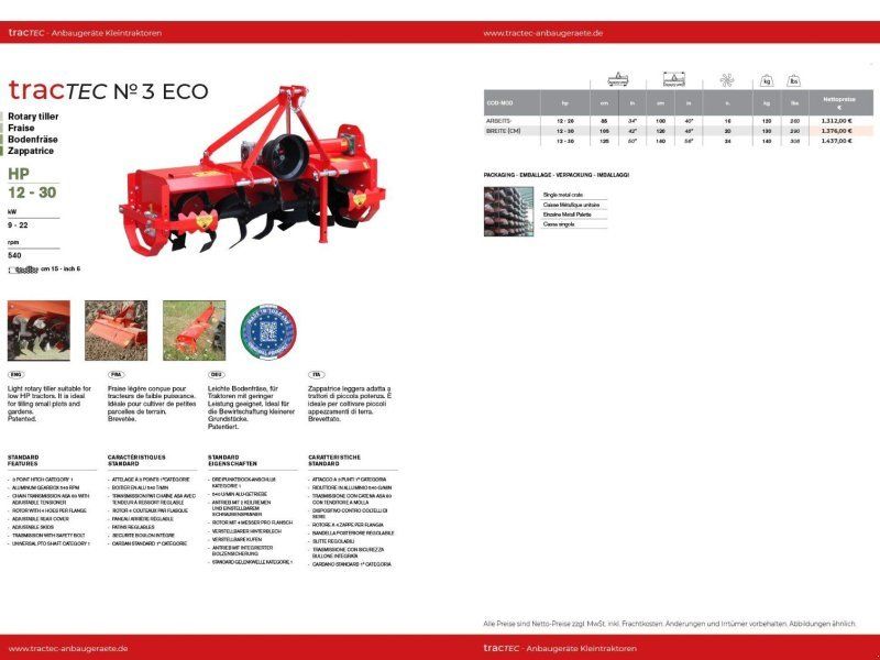 TracTec No 3 Eco 125cm + Gelenkwelle ab 20 PS (z.B. Solis Traktor) Fräse
