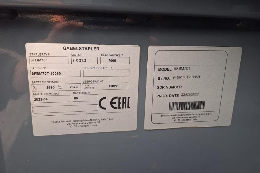 Toyota 9FBM70T Electric, 7 Tons Capacity, Lift Height 4.7