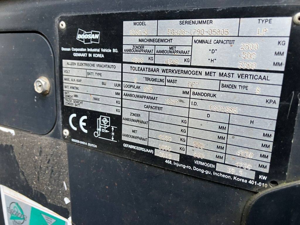 Doosan G25E-5 LPG-Gabelstapler 2500 kg 3,3 m 2015