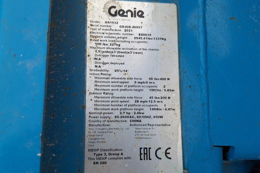Genie GS1932 E-Drive Several In Stock, 8m Working Height