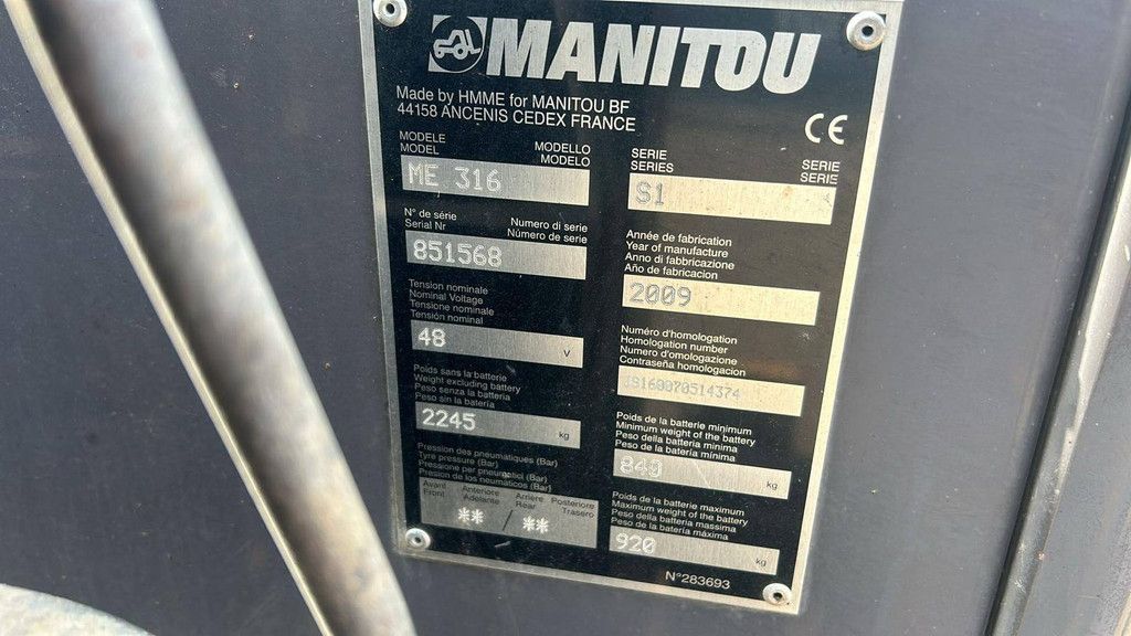 Manitou ME 316 Electric Forklift 1600kg 4.5m 2009