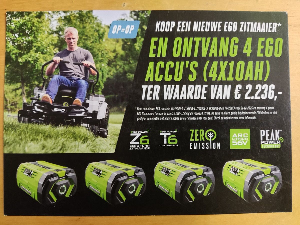 DECEMBER ACTIE Nieuwe EGO zitmaaiers (gratis KETTINGZAAGKIT)