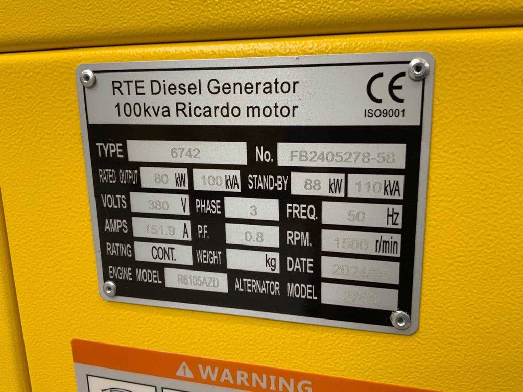 Generator RTE 6742 Diesel 100kVA 2025 New