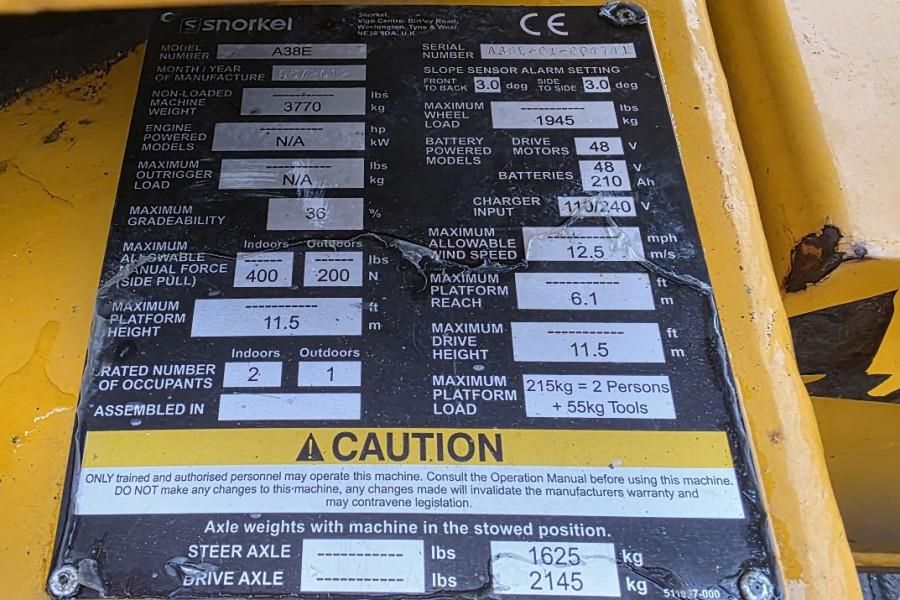 Snorkel A38E As-Is, Electric, 13.5m Working Height, 6.1m R