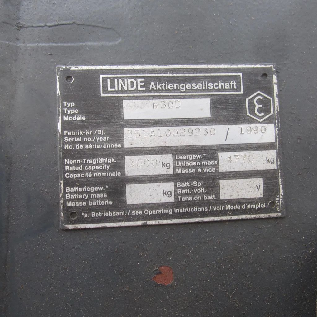 Linde Heftruck, H30, diesel, duplomast, side shift.