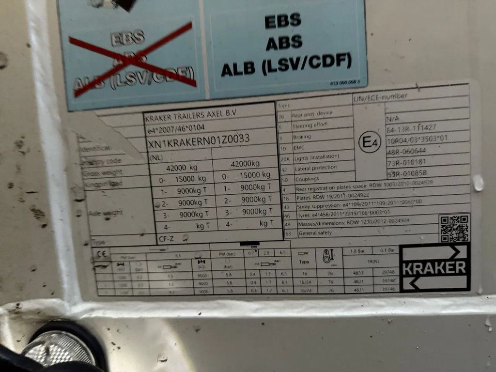 Kraker K-Force 92m3 Alcoa SAF Tyrepilot Liftas 8MM Cargo Floor APK/TUV 08-02-2026 Top condition