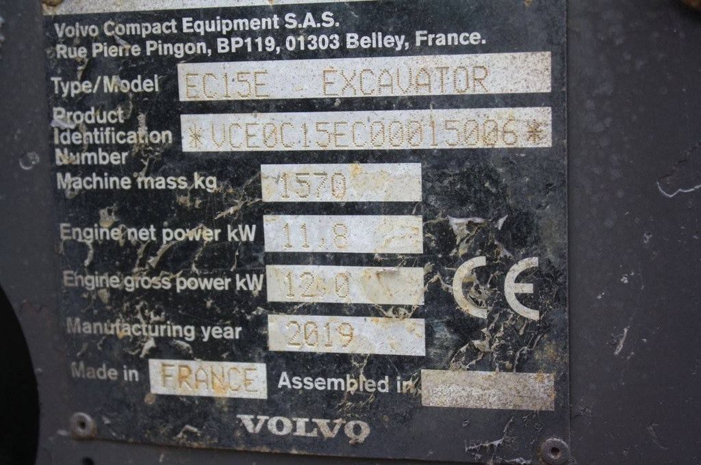 Mini excavator Volvo EC15E Diesel 12kW 2019