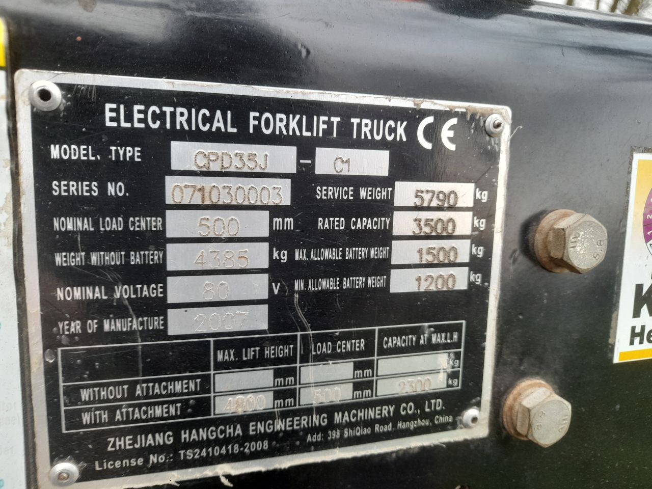 Hangcha elektrische heftruck 3.5 ton triplo freelift side -shift