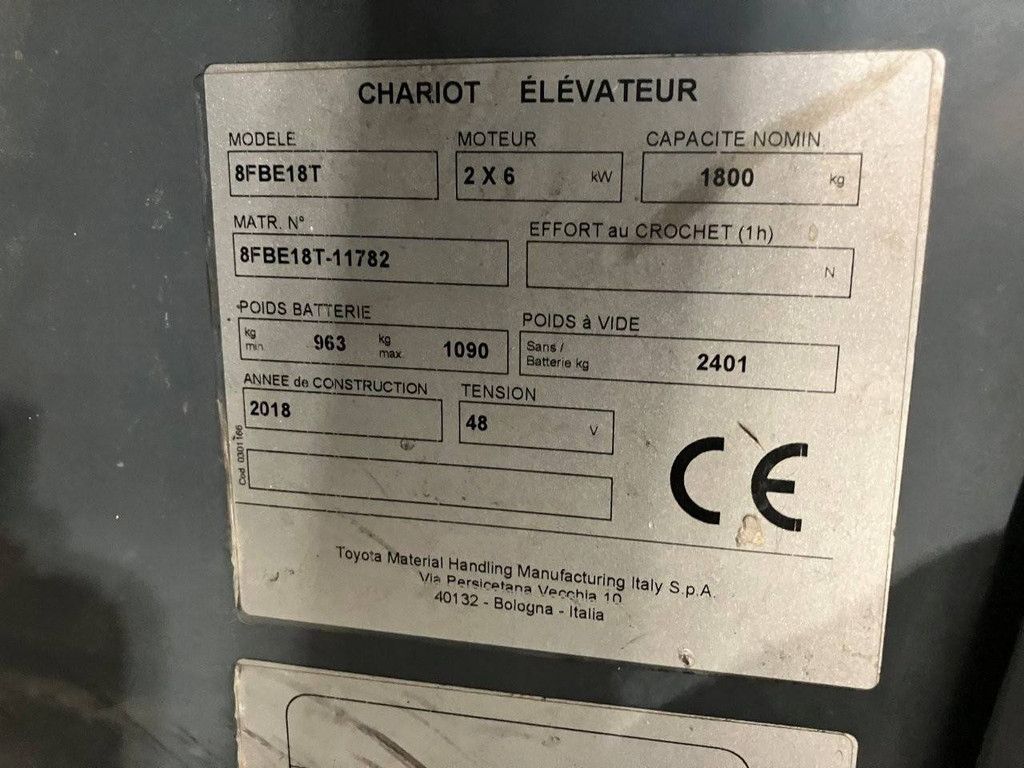 Toyota 8FBE18T Elektrogabelstapler, 1800 kg, 4,5 m, Baujahr 2018